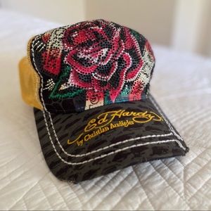 Rhinestone Rose Ed Hardy Trucker Hat